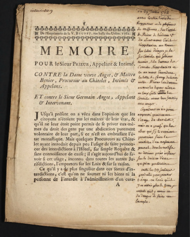 Mémoire pour le Sieur Prieur, appelant & intimé. Contre la Dame veuve Angot, & Maître Beguier, Procureur au Châtelet, intimés & appelans. Et contre le Sieur Germain Angot, appelant & intimé