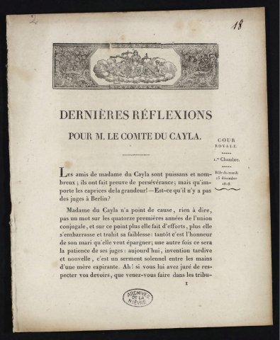 Dernières réflexions pour M. le Comte du Cayla