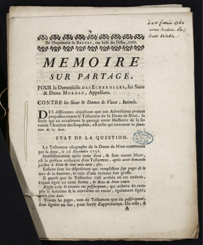 Mémoire sur partage, pour la Demoiselle des Echerolles, les Sieur & Dame Moreau, Appellans. Contre les Sieur & Dames de Vaux, Intimés