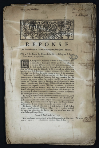 Réponse au Mémoire de la Dame Marquise de Pracomtal, Intimée. Pour les Sieur & demoiselle Save d'Ougny & leurs curateurs, Appellans