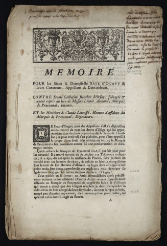 Mémoire pour les Sieur & Demoiselle d'Ougny & leurs curateurs, Appellans & Demandeurs. Contre Dame Catherine Boucher d'Orsay, subrogée & ayant repris au lieu de Messire Lénor Armand, Marquis de Pracomtal, Intimée. Et les héritiers de Claude Létouffé, Homme d'affaires du Marquis de Pracomtal, Défendeurs.