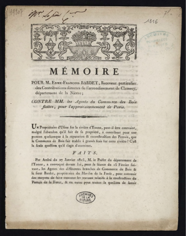Mémoire pour M. Edme-François Bardet, Receveur particulier des Contributions directes de l'arrondissement de Clamecy, département de la Nièvre ; contre MM. Les Agents du Commerce des Bois flottés pour l'approvisionnement de Paris