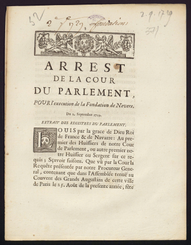 Arrest de la Cour de Parlement, pour l'execution de la Fondation de Nevers du 2 septembre 1729