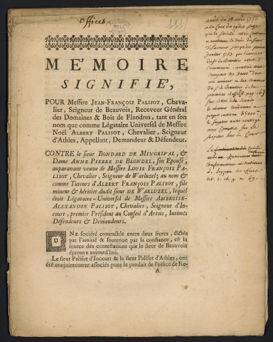 Mémoire signifié, pour Messire Jean-François Palisot, Chevalier, Seigneur de Beauvois [&], Appellant, Demandeur & défendeur contre le Sieur Bondard de Mingrival & Dame Anne Pierre de Blondel, son épouse, auparavant veuve de Messire Louis François Palisot, Chevalier, Seigneur de Warluzel [&], intimés, Défendeurs & demandeurs