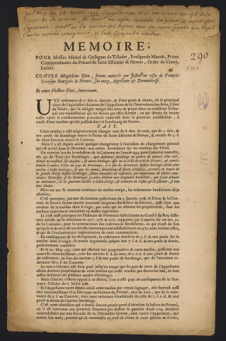 Mémoire pour Messire Michel de Cassagnet de Tilladet, Eveque de Macon, Prieur Commandataire du Prieuré de Saint Etienne de Nevers, Ordre de Cluny, Intimé. Contre Magdeleine Dien, femme autorisée par la justice au refus de François Levesque Bourgeois de Nevers, son mary, appellante et demanderesse. Et contre Philibert Dien, Intervenant