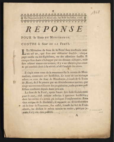 Réponse pour le Sieur de Montbaron, contre le Sieur de La Ferté