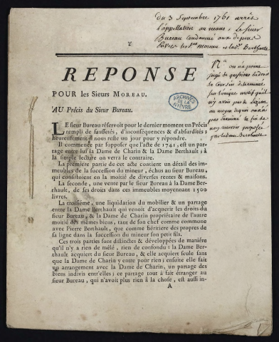 Réponse pour les Sieurs Moreau au précis du Sieur Bureau