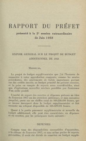 Session du Conseil général des 25-26 juin 1958 : rapport du préfet (p. 102-225), procès-verbaux des délibérations (p. 227-310), table des matières (p. 311-318)