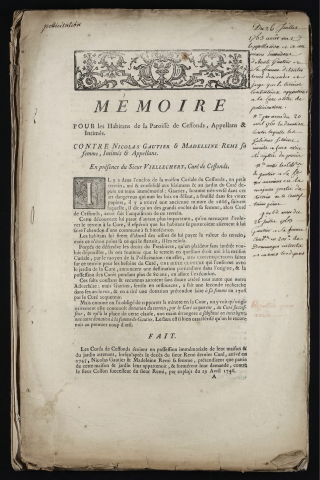 Mémoire pour les Habitans de la Paroisse de Cessonds, Appellans & Intimés. Contre Nicolas Gautier & Madeleine Rémi sa femme, Intimés & Appellans. En présence du Sieur Viellechert, Curé de Cessonds
