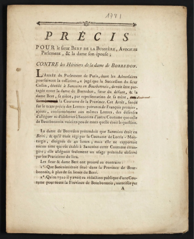Précis pour le Sieur Bert de la Bussière , Avocat au Parlement, & la Dame son épouse ; contre les héritiers de la Dame de Borredon