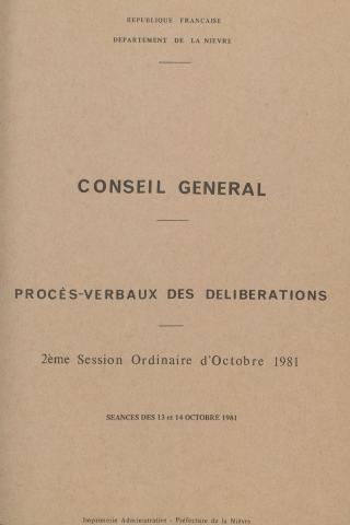 Session du Conseil général des 13-14 octobre 1981 : procès-verbaux des délibérations (p. 1-153), table des matières (8 p.), table des matières des programmes