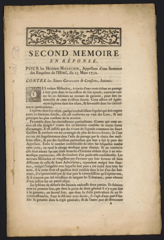 Second mémoire en réponse, pour les héritiers Millochin, Appellans d'une sentence des requêtes de l'Hôtel, du 23 mars 1752. Contre les Sieurs Guillier & Consorts, Intimés