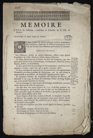 Mémoire pour les Habitans, Conseillers & Echevins de la Ville de Nevers contre le Sieur Comte de Nevers