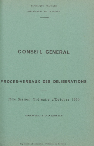 Session du Conseil général des 23-24 octobre 1979 : procès-verbaux des délibérations (p. 1-147), table des matières (8 p.), index