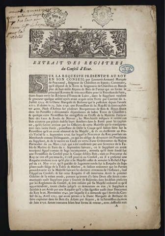 Extrait des registres du Conseil d'Etat sur la requeste présentée au Roy en son conseil par Léonard-Armand Marquis de Pracomtal, Seigneur de Châtillon-en-Bazois