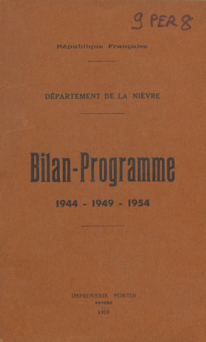 Sessions du Conseil général de 1950 : bilan programme pour 1944-1949-1954 (p. 5-213), table des matières (p. 216-218)