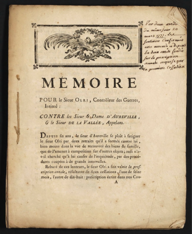 Mémoire pour le Sieur Olri, Contrôleur des Guerres, Intimé ; contre les Sieur & Dame d'Aurveille ; & le Sieur de la Vallée, Appelans